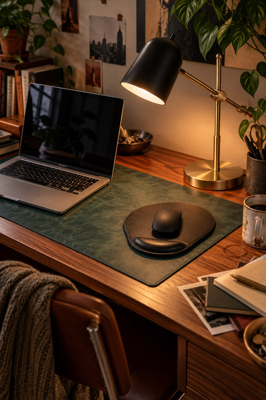 Desk styled with a brass arc lamp, forest green leather desk mat, black ergonomic leather mouse pad, stone pencil holder and a small tray of everyday items