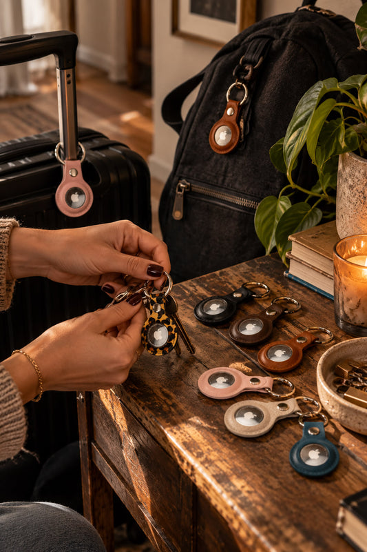 Leather AirTag holders in mixed colors laid out on a wooden table beside a packed suitcase and backpack