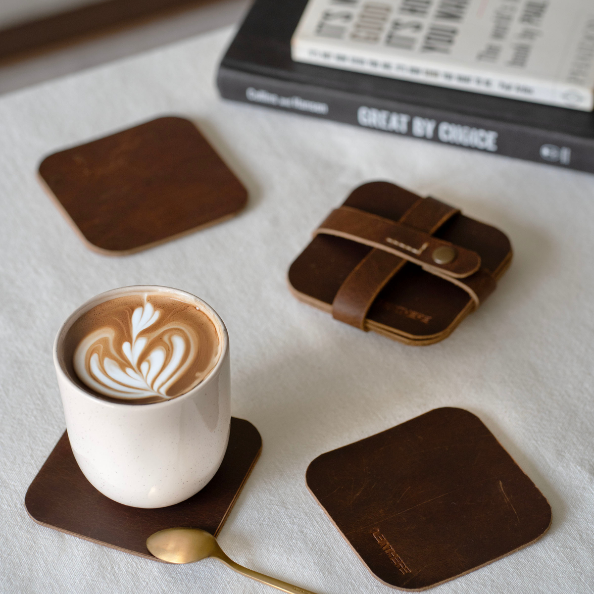 Leather Coffee Coaster Set, Hialeah, front view