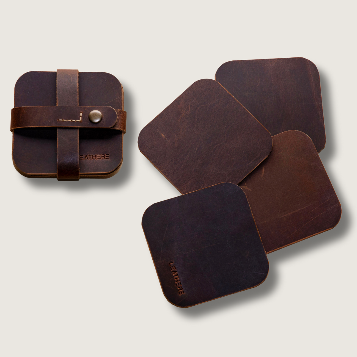 Leather Coffee Coaster Set, Hialeah, close-up detail view