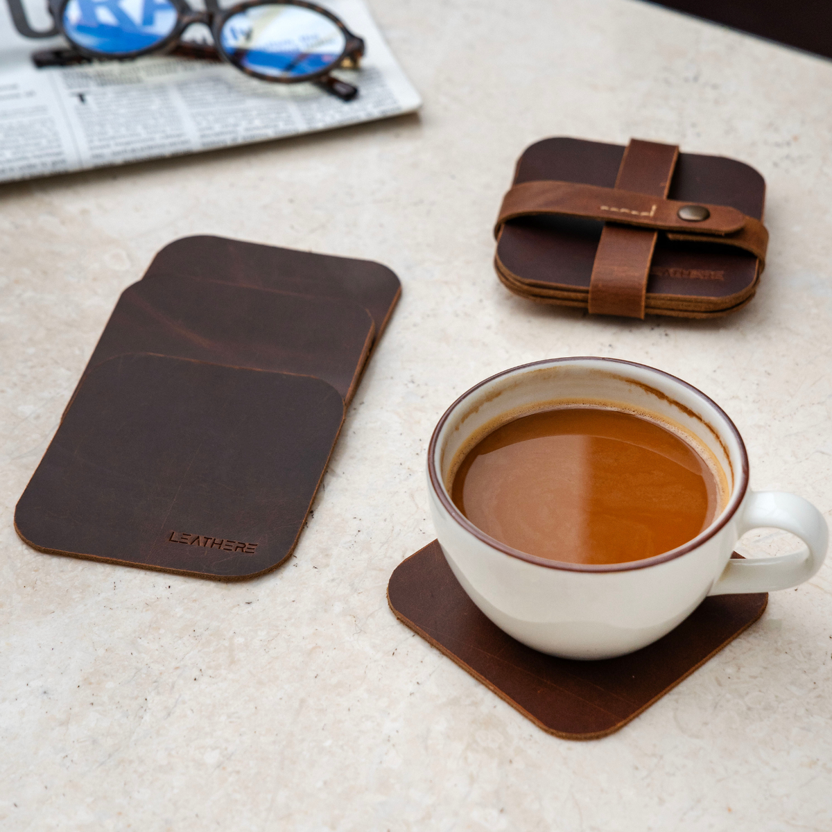 Leather Coffee Coaster Set, Hialeah, back view