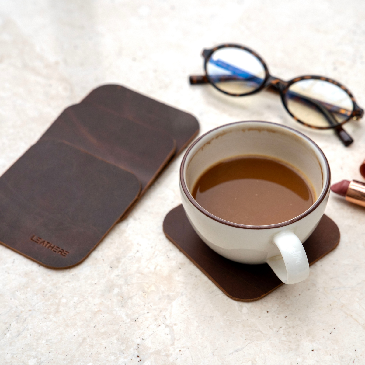 Leather Coffee Coaster Set, Hialeah, top view