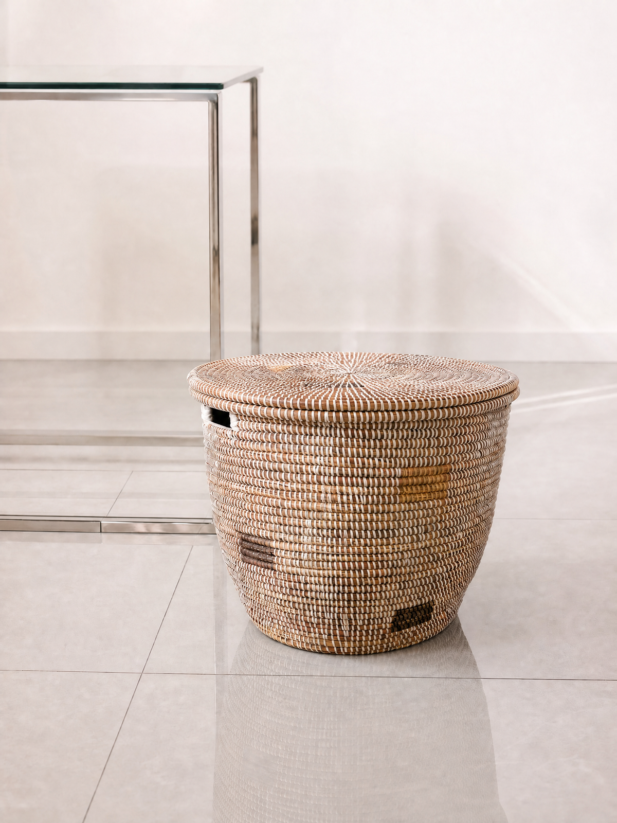 Minimalist White Round Basket with Gray Squares, side view