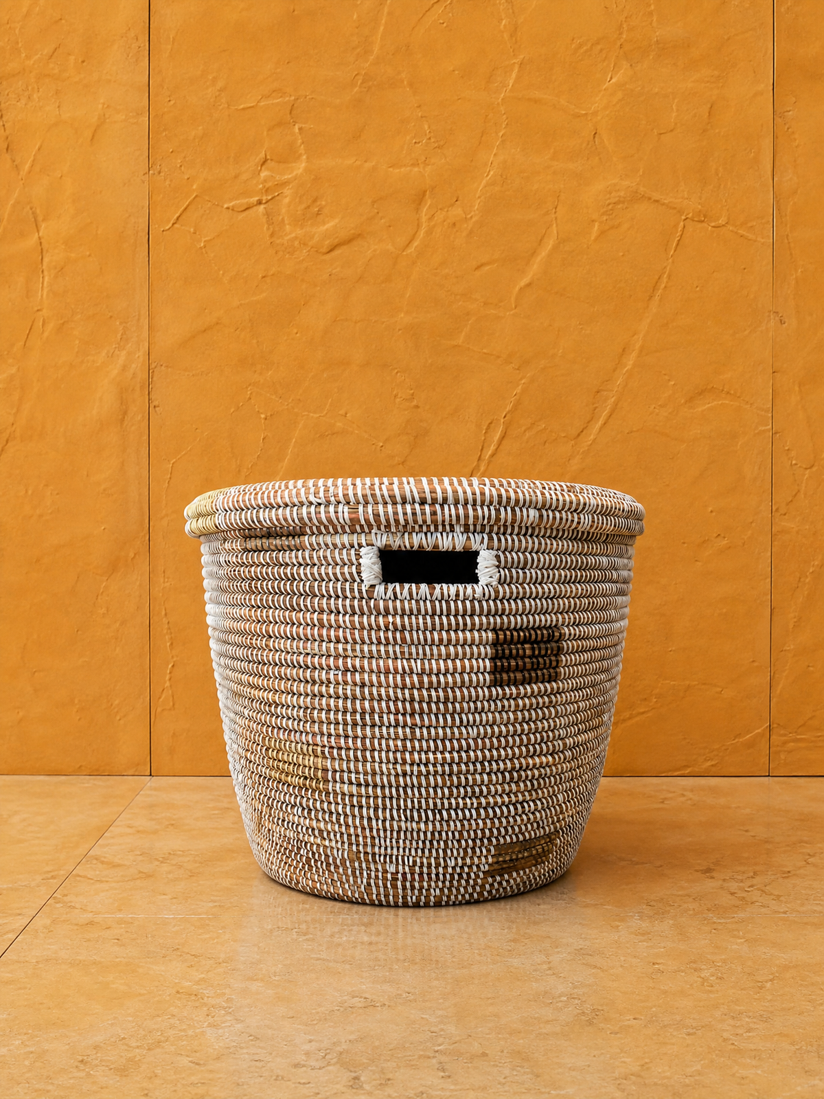 Minimalist White Round Basket with Gray Squares, front view