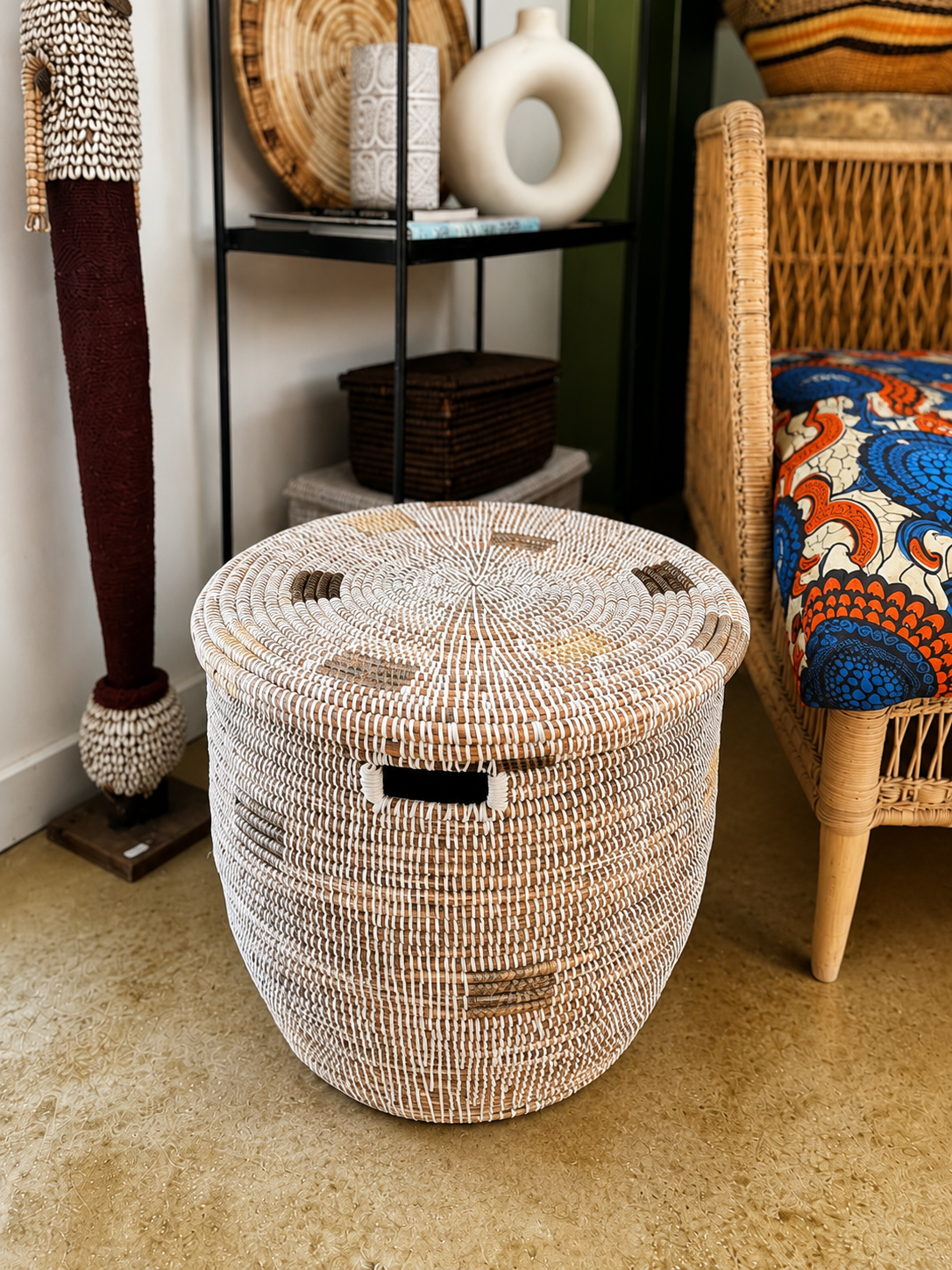 Minimalist White Round Basket with Gray Squares, back view