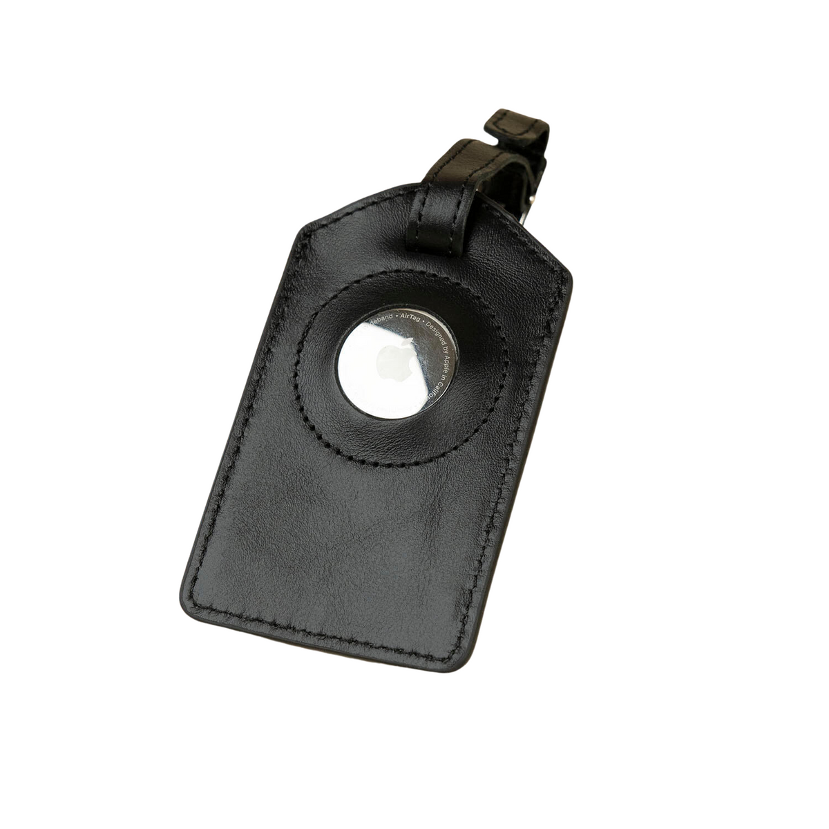 Premium Leather AirTag Luggage Tag, Black, Clovis, close-up detail view