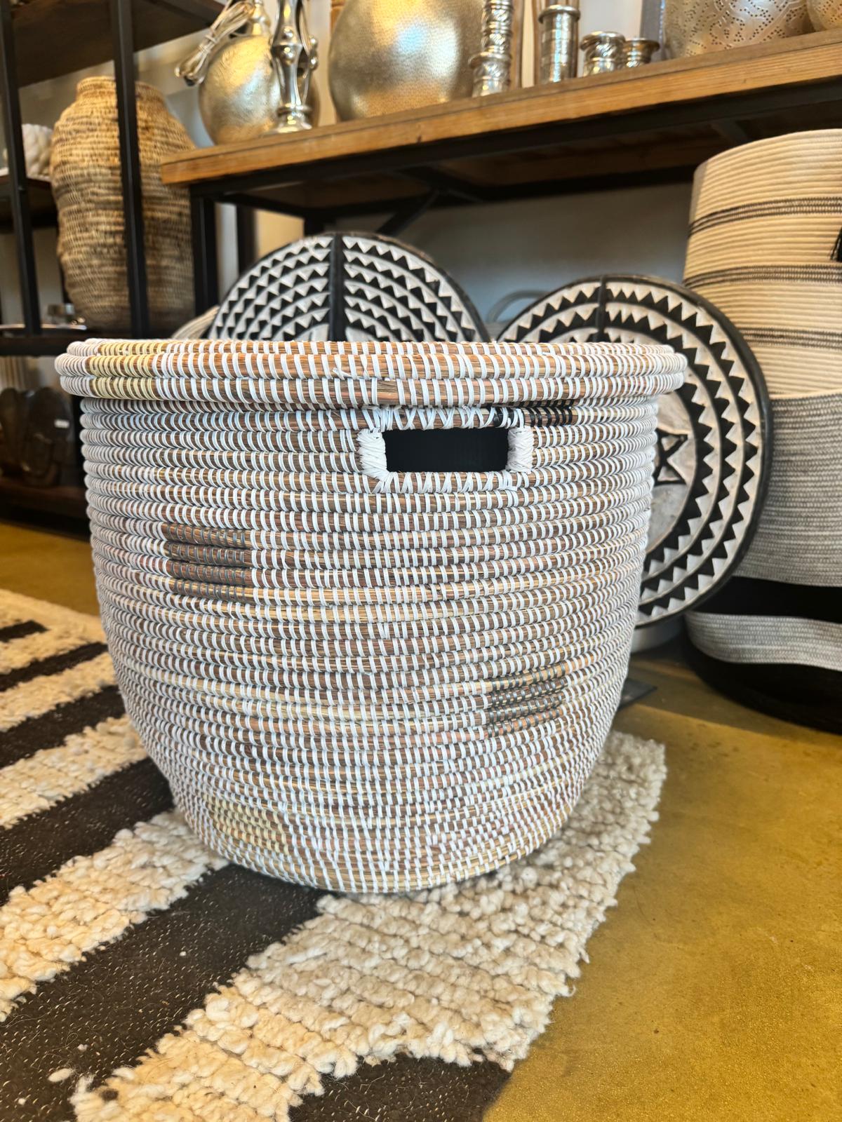 Minimalist White Round Basket with Gray Squares, close-up detail view