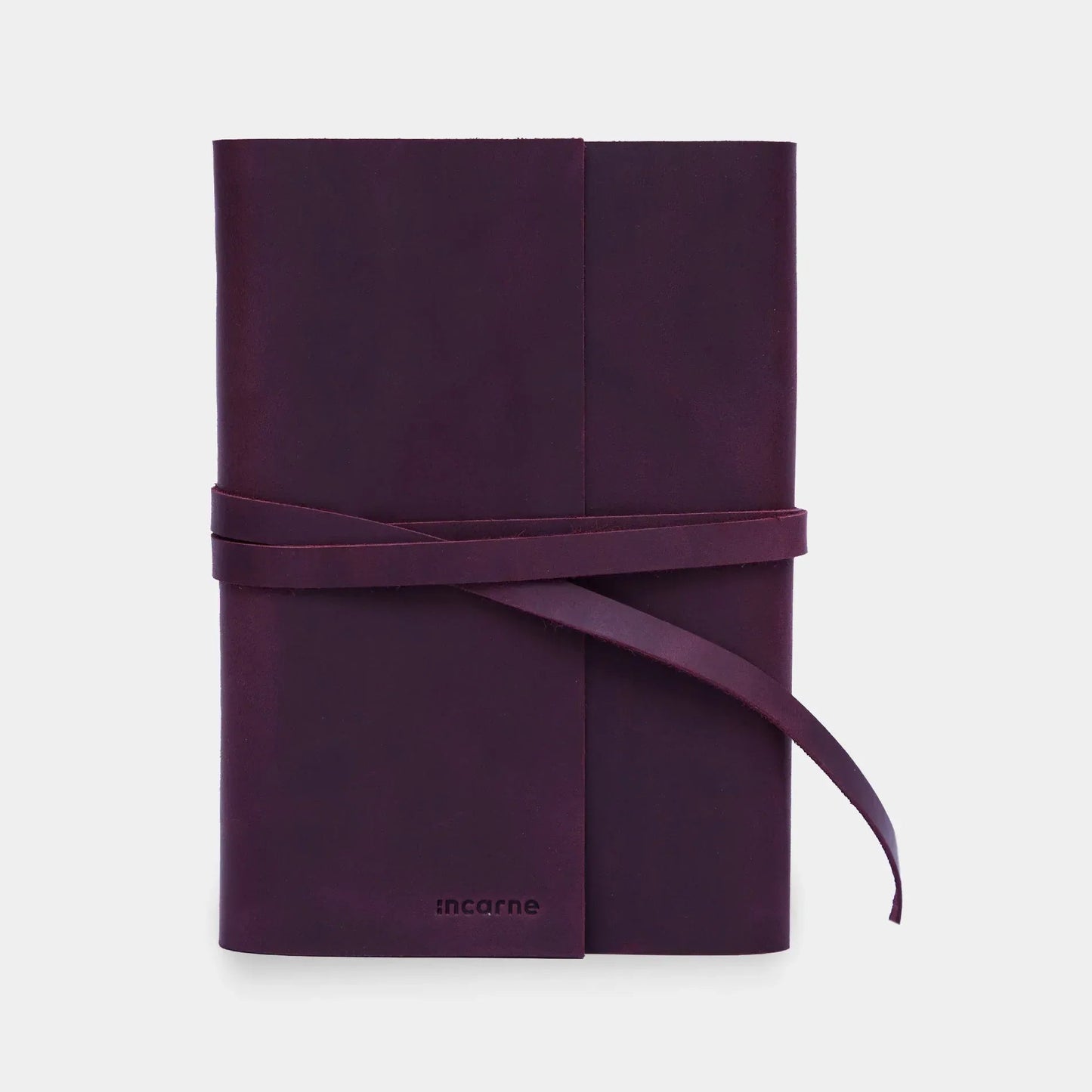 Burgundy leather notebook cover with tie closure, INCARNE