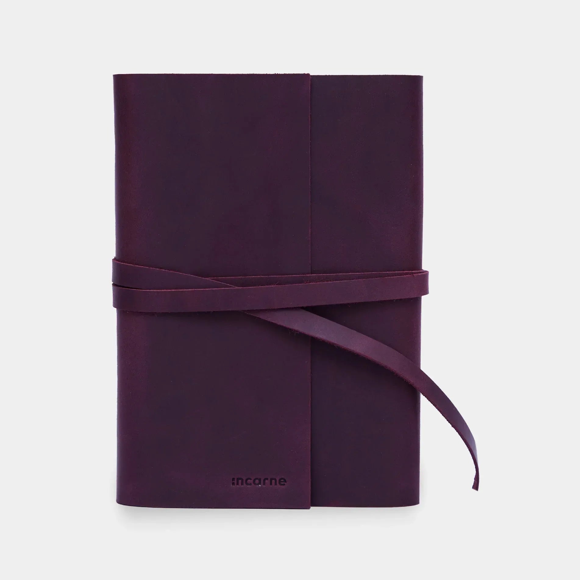 Burgundy leather notebook cover with tie closure, INCARNE