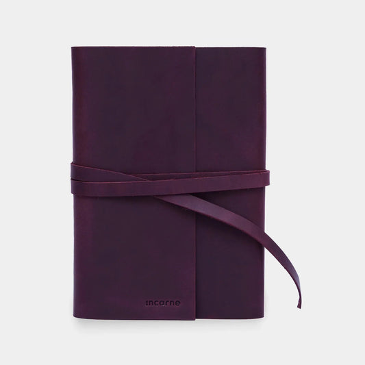 Burgundy leather notebook cover with tie closure, INCARNE