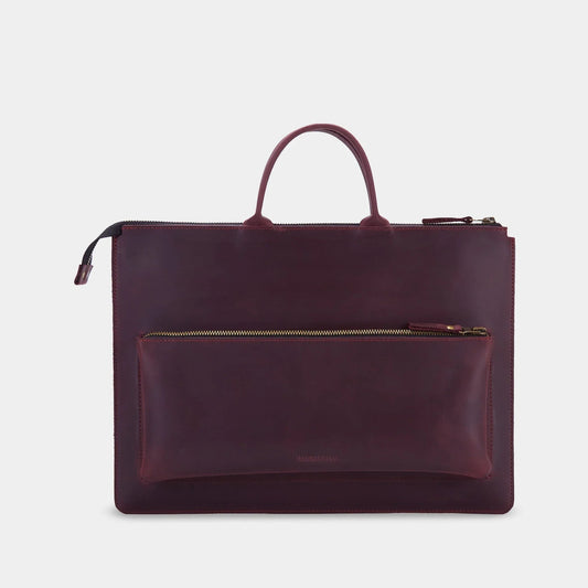 Burgundy leather laptop bag, front view with top handles