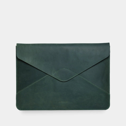 Forest green leather laptop sleeve, envelope silhouette front view