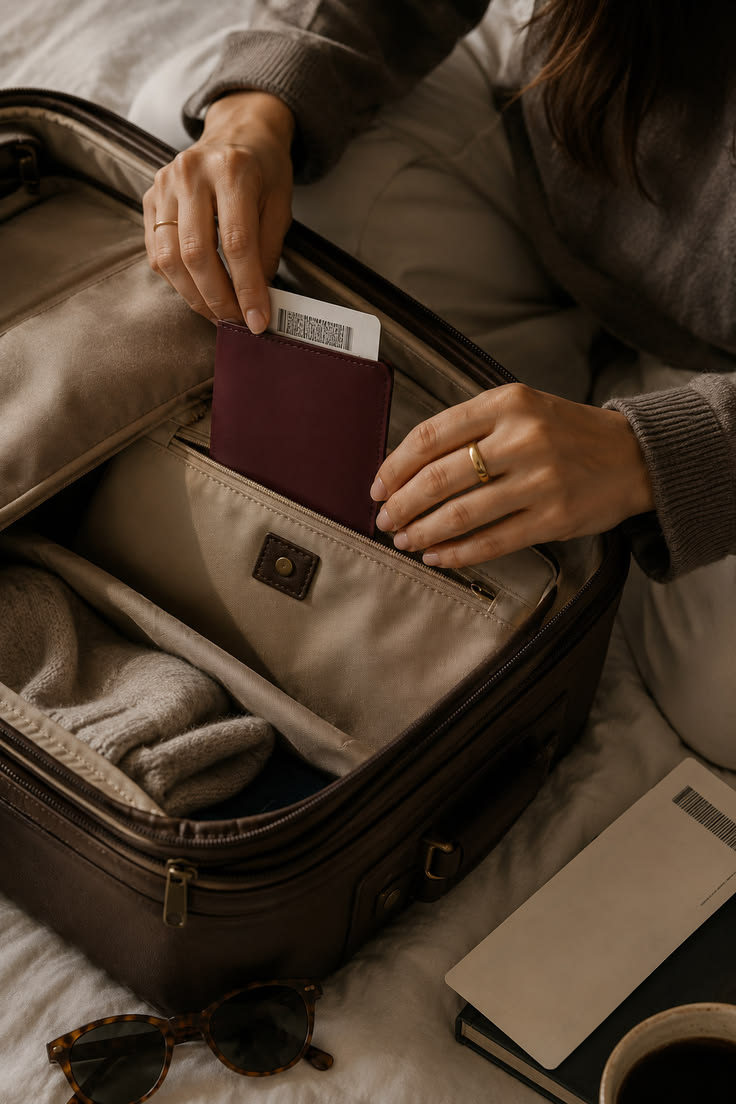 The Bali Passport Cover, Oxblood, pulled from a suitcase pocket