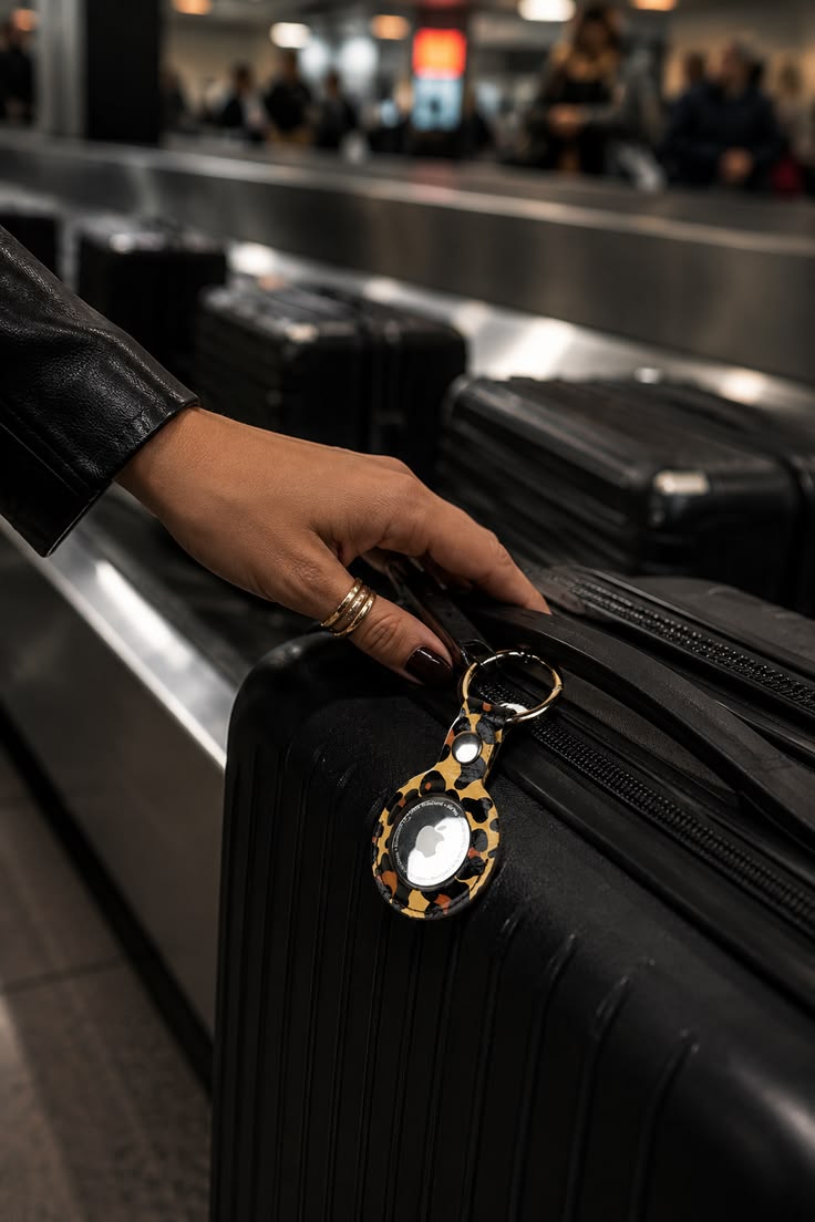 Premium Leather AirTag Holder attached to luggage at baggage claim