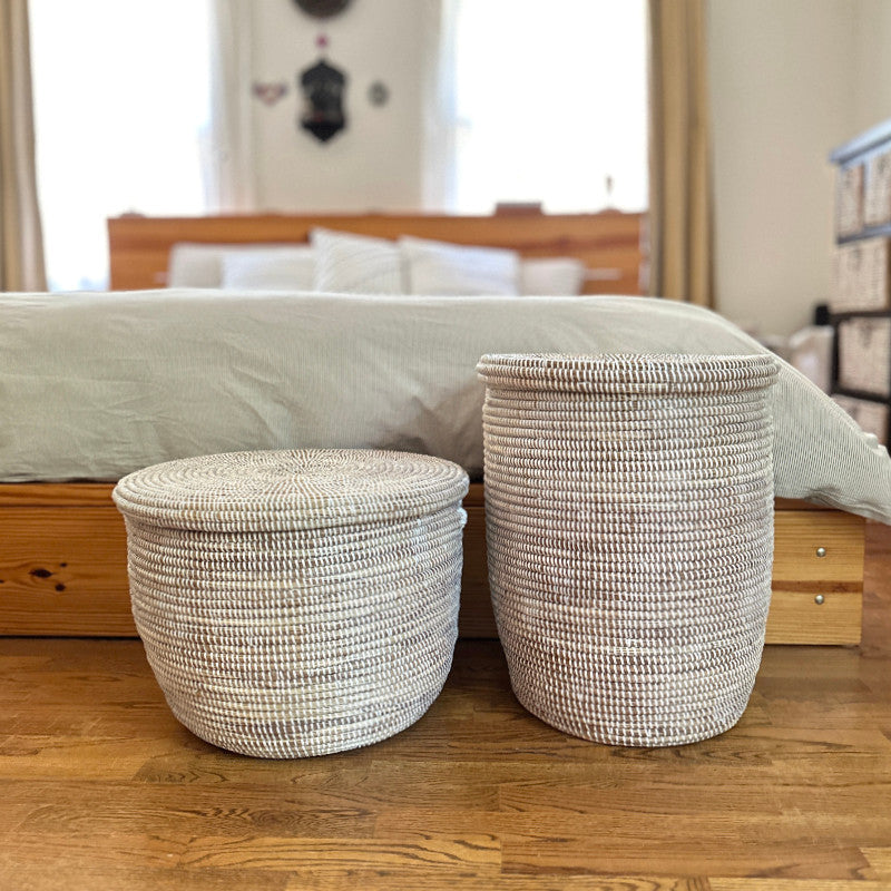 White Flat Lid Floor Basket, back view