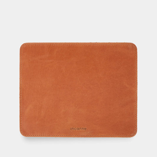 Cognac leather mousepad on desk, INCARNE